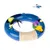 Toy ring made of blue plastic with sisal rope, yellow ball, feather, colourful mouse and butterfly on wire. Includes brush area for grooming.