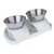 Double bowl set with two stainless steel bowls on a white plastic stand, suitable for food and water.