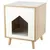 Wooden pet furniture with white front and triangular entrance, padded interior, four wooden legs.