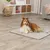 Hund liegt auf einer grauen Matte in einem Wohnzimmer mit Holzboden und moderner Einrichtung.