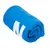 Rolled-up blue blanket with white letter 'N' visible on the surface.