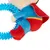 Giocattolo in plastica blu con nodi e figura in peluche con costume da supereroe, rosso-blu con cintura gialla e mantello rosso.