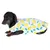 Chien portant un manteau blanc à motifs citrons jaunes et feuilles vertes, étiquette visible avec texte « F&F » sur le côté du vêtement.