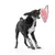 Hund spielt mit rosa Plüschspielzeug, das an einem lila Seil befestigt ist.