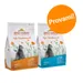 Due confezioni di Almo Nature Life Maintenance Adult Cat 2 kg, una con pollo fresco e una con pesce fresco. Cerchio arancione con testo: Provami!