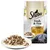 Sheba Fresh & Fine in Sauce, variation à la volaille, au poulet, à la dinde. Sachet avec morceaux en sauce sur assiette et image de chat gris.