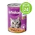 Whiskas tinned cat food, purple tin with grey tabby cat image, 100% recycling symbol, green icon showing 24 tins. Visible text: whiskas, 100% recycling, 24.