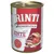 Rinti Kennerfleisch mit Ente, getreidefrei. Immagine di una lattina con carne e verdure visibili sull'etichetta. Testo in tedesco, marchio Rinti ben visibile.
