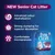 New senior cat litter with advanced odour neutralisation, strong clumping for superior absorption, and comfortable microgranules. Product packaging shown on the right.