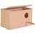 Caja nido de madera clara con tapa superior abierta, orificio redondo en el frontal y una percha cilíndrica debajo del orificio.