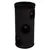 Tall black cylindrical scratching post with three circular openings, each containing a hanging ball toy inside.