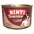 Rinti Gold mit Lamm, getreidefrei, in feinen Stücken. Dose mit rotem und goldfarbenem Design, Hundebild auf der Verpackung.