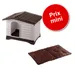 Niche en plastique marron et blanc avec coussin matelassé brun, pastille rouge avec texte « Prix mini » visible.