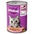 Whiskas Katzenfutter mit Lachs in Gelee, 400g Dose. Abgebildet: graue Katze und Futter in rosa Schale.