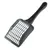 Grey plastic litter scoop with grid design for cleaning cat litter trays.