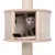 Kat in ronde kattenhuis van hout en pluche, bevestigd aan sisal krabpaal. Ingang zichtbaar aan de voorkant, kat zit binnen op zacht kussen.