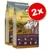 Lot de 2 sacs GranataPet Natural Taste Wild & Büffel Venison & Buffalo. Texte visible : 90 % viande, 10 % fruits/légumes, 0 % céréales. Illustrations d’ingrédients et chien sur l’emballage.