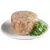 Shaped wet food made from meat pieces on a white plate, garnished with fresh parsley.