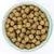 Bowl with brown, round dry food pieces. Product image for pet food.