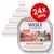 Wolf of Wilderness Great Desert 24x300g, 100% grain-free, turkey with wild berries, roots and wild herbs. Large red label shows pack size. Multiple trays visible in background.