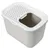 Caja de arena para gatos de plástico gris con tapa blanca, entrada superior y orificios en la tapa para ventilación.
