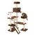 Brown cat tree with multiple levels, cave, hammock and sisal scratching surfaces. Cat sitting on a platform.
