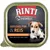 Rinti Finest Geflügel pur & Reis, helle Filetstücke, ohne Innereien, ohne Leber. Testo in tedesco su confezione di alimento per animali.