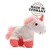 Pluche eenhoorn met roze manen en hoeven. Tekst: Made in Germany.