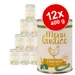 Lot de 12 boîtes Menu Gustico Chicken sans céréales, 400 g chacune. Texte visible : Human Grade Quality, ingrédients, image de poulet et légumes sur l’emballage.