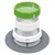 Exploded view of Catit drinking fountain with green filter, white water container and grey base. Shows the individual components of the product.