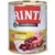 Lata de comida para perros Rinti Kennerfleisch, texto visible: Mit Rentier, noch mehr natürliche Fleischstücke. Imagen de trozos de carne en la etiqueta.