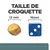 Comparaison de taille : croquette 12 mm à côté d’un dé bleu 16 mm. Texte visible : TAILLE DE CROQUETTE, 12 mm, 16 mm.