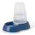 Blue water dispenser with transparent container and paw motif, suitable for pets. Shows water reservoir and drinking bowl.