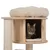 Cat tree made of wood with sisal-wrapped posts, padded top lying surface, and cave with cat inside.