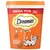 Boîte Dreamies MEGA TUB 350 grams, saveur poulet, vitamines et minéraux, 2 kcal par friandise, boîte résistante aux griffes, illustration de chat et croquette fourrée.