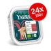 Yarrah Paté 24×150 г, пастет с говеждо и пиле със спирулина. Видими сертификати: EU-BIO, Beter Leven. Опаковка с изображение на куче.