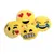 Four yellow plush balls with emoji faces: heart eyes, kissing mouth, showing teeth, and laughing with tears. Suitable as a toy.