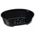 Black plastic pet bed with ventilation slots in the base and ribbed side walls.