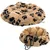 Coussin pour animaux en tissu beige à motifs pattes noires, présenté à plat et sous forme de panier rond avec cordon de serrage visible.