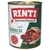Blik Rinti Kennerfleisch mit Hirsch, getreidefrei. Afbeelding van vleesblokjes en orgaanvlees op de verpakking. Tekst in het Duits zichtbaar.