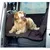 Hund sitzt auf einer Autositzabdeckung, die den Rücksitz schützt. Abdeckung in dunkler Farbe mit Sicherheitsgurthalterung sichtbar.