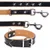 Set aus schwarzem und braunem Halsband und Leine mit silbernen Stern-Nieten und Metallverschlüssen, sichtbare Nähte und Schnallen.