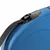 Close-up of a blue retractable lead with a black nylon strap and button mechanism visible.