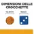Dimensioni delle crocchette: diametro 12,5 mm a confronto con un dado blu da 16 mm. Testo visibile: 'DIMENSIONI DELLE CROCCHETTE', '12.5 mm', '16 mm'.
