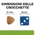 Dimensioni delle crocchette: 13 mm accanto a un dado blu da 16 mm, testo visibile 'DIMENSIONI DELLE CROCCHETTE', confronto tra crocchetta e dado.