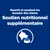 Nourrit et soutient les besoins des chiens. Soutien nutritionnel supplémentaire. Texte en français avec icône de tête de chien et gamelle.