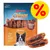 Rocco Chings Double koiranherkut, kanaa ja lammasta. Pakkaus ja kaksi herkkupalaa näkyvissä. Keltainen prosenttimerkki oikeassa yläkulmassa.
