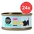 Lata de Cosma Pure Love Nature Kitten Chicken Breast in Broth, ilustración de gato negro y pollo, pack de 24 unidades indicado con círculo rojo y texto '24x'. Lata de Cosma Pure Love Nature Kitten Chicken Breast in Broth, ilustración de gato negro y pollo, pack de 24 unidades indicado con círculo rojo y texto '24x'.