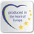 produced in the heart of Europe (teksti englanniksi, sininen ja keltainen sydän sekä viisi keltaista tähteä)