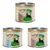 Trois boîtes Feringa Country Style 200g pour chat adulte : Chicken with Pork & Beef, Chicken with Pork & Trout, Chicken with Pork & Turkey. Illustration de chat noir sur l’étiquette.